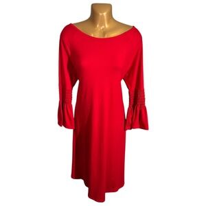 Agnes‎ & Dora Red Smocked Sleeve Midi Dress Womens L Boat Neck Knit Stretch NWOT